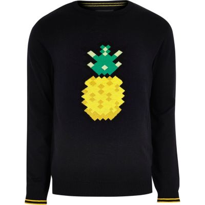 Navy blue pineapple print slim fit jumper